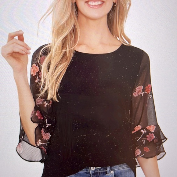 CeCe Tops - CECE Woman’s Floral Ruffled Sheer Sleeve Knit Blouse with Round Neckline